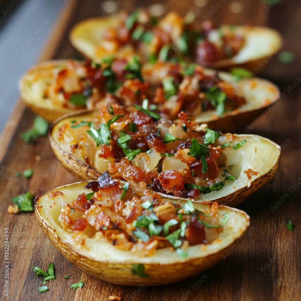 Poster a plate of four baked potatoes with bacon and parsley on top. the potatoes are arranged in a row on 