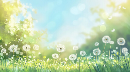 Obraz premium Delicate white dandelions in a lush green meadow with a soft-focus background of trees and a bright blue sky. Sunlight filters through, creating a dreamy, peaceful atmosphere.