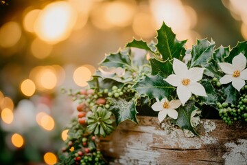 A picturesque garden scene with holly and ivy growing together on an old wooden trellis, illuminated by soft morning light