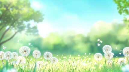 Obraz premium Delicate white dandelions in a lush green meadow with a soft-focus background of trees and a bright blue sky. Sunlight filters through, creating a dreamy, peaceful atmosphere.