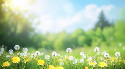 Fototapeta premium Delicate white dandelions in a lush green meadow with a soft-focus background of trees and a bright blue sky. Sunlight filters through, creating a dreamy, peaceful atmosphere.