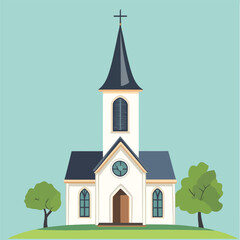 A flat 2D vector of a traditional church with a tall steeple.