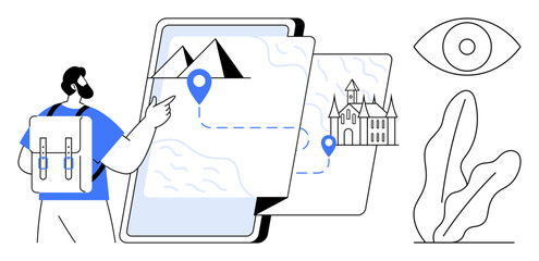 Backpacker pointing to landmarks on a digital map featuring navigation pins, mountain, and castle. Ideal for travel planning, tourism, navigation, adventure, exploration, route mapping flat simple