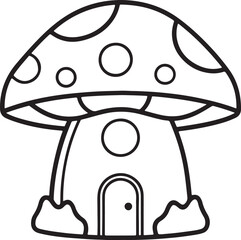 mushroom house line art, black outline, vector and illustration, coloring book page line art drawing