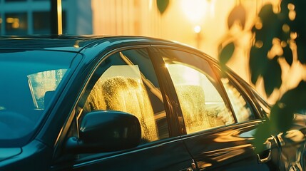 Close-up of a car window reflecting a vibrant sunset in an urban setting, capturing the essence of modern city life.