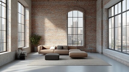 An interior design scene shows a living room with windows
