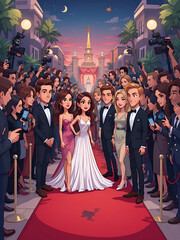 Glamorous Red Carpet Event Featuring Celebrities Posing For Photographers And Reporters, Cartoon Vector Scene