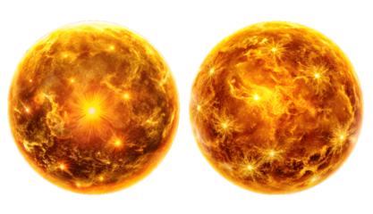  bright fiery isolated suns side by side, glowing intensely with flames and solar activity, representing energy, astronomy, space, and the powerful nature of stars