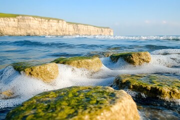 Coastal Scene: Mossy Rocks and Ocean Waves near a Cliff
