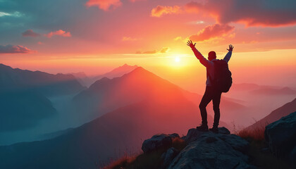 Fototapeta premium Tourist silhouette stands high mountain at sunrise with backpack. Happy man with arms outstretched enjoys sun, fog. Concept of success, freedom, hiking adventure. Vacation, holiday journey. Travel