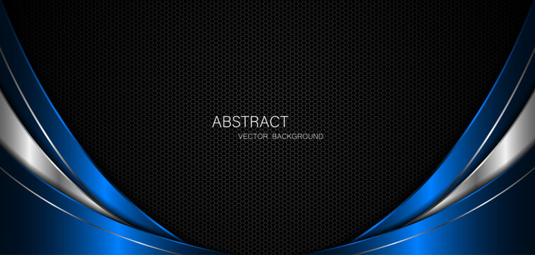 Abstract blue and silver curves on dark steel mesh background. with free space for design. modern technology innovation concept background	
