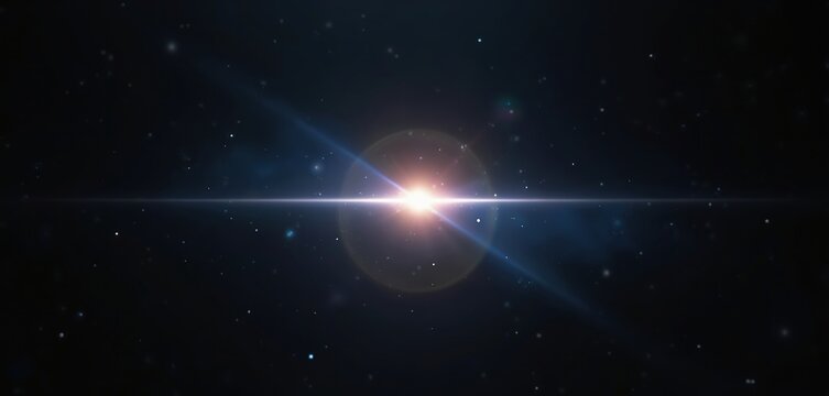 Abstract glowing light effect with lens flare on dark background. Beautiful digital light flare with anamorphic lens flares for photography. Flash in space design with stars and motion.