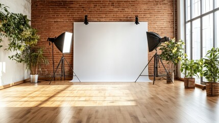 A modern room featuring a brick wall and a whiteboard perfect for creative brainstorming and team collaboration