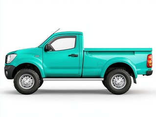 Striking green pickup truck with side step showcasing its robust side profile in isolated context perfect for display
