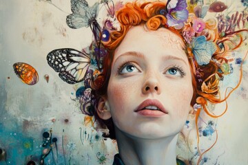 Ethereal Portrait of Young Woman Surrounded by Nature and Butterflies