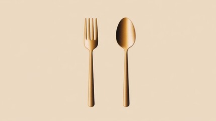 Gold fork and spoon on beige background.  Elegant cutlery set for dining.