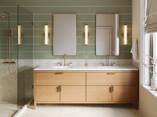 3d render - a modern bathroom with green wall tile and terrazzo wall and floor tile, brass plumbing fixtures , brass mirrors and marble countertop