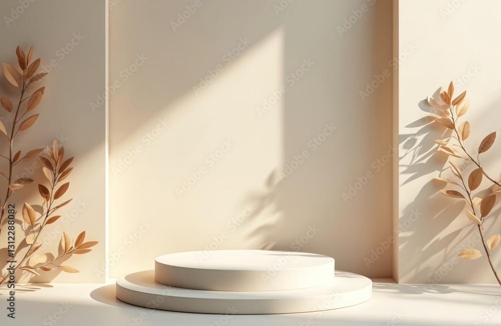 Poster Minimal nature scene with empty white circle podium on beige background. Soft shadows from tree leaves on wall. Pedestal perfect for cosmetic product, packaging mockups, display or presentation.