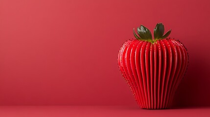 Art Wood strawberry sculpture, red backdrop, studio shot, product mock-up space