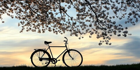 Fototapeta premium Vintage Bike Under Cherry Blossoms Sunset