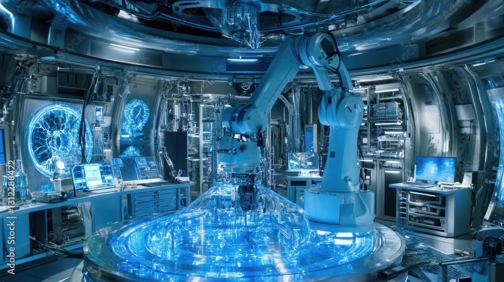 Poster futuristic robotic laboratory: advanced technology and automation