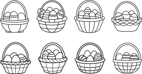 set of basket of easter eggs line art, black outline, vector and illustration, coloring book page line art drawing
