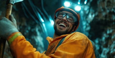 Obraz premium Excavation worker smiling in underground mine action shot industrial environment vibrant atmosphere