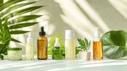 Natural skincare products arranged on a light background with green leaves, showcasing various bottles and jars for beauty and wellness routines.