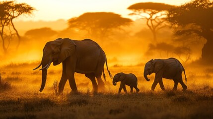 Fototapeta premium Mother elephant and her calf walking through the golden savannah at sunset generative ai
