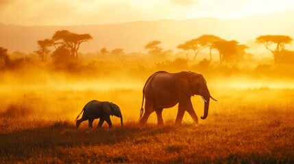 Fototapeta premium Mother elephant and her calf walking through the golden savannah at sunset generative ai