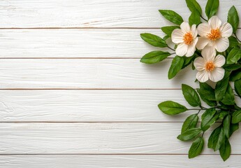 Delicate white flower placed on a white wooden background creating a soft and serene scene with natural beauty