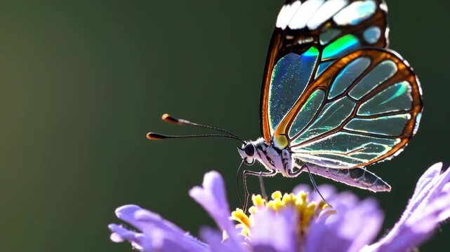 Close-up of a glasswing butterfly on a purple flower, showing its transparent, iridescent wings