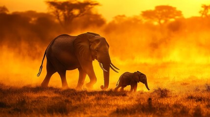 Mother elephant and her calf walking through the golden savannah at sunset generative ai