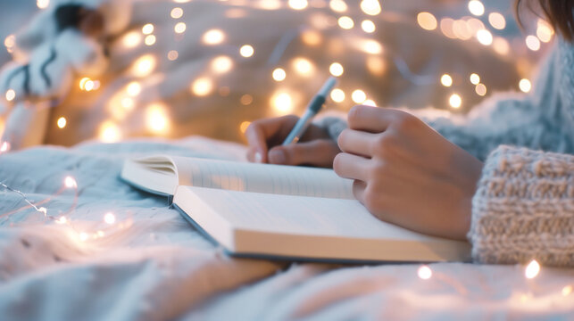 A person journaling in a cozy space with soft lighting and calming surroundings, representing self-care and mental health awareness on World Health Day. - Powered by Adobe