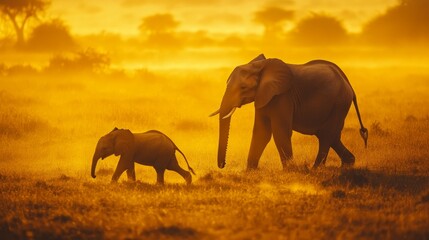 Naklejka premium Mother elephant and her calf walking through the golden savannah at sunset generative ai