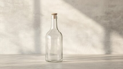 A clear glass bottle with a cork stopper. The bottle is sitting on a countertop