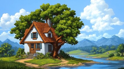 Cottage by river, mountains backdrop. Use real estate, vacation, fantasy, design