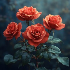 Naklejka premium A striking contrast of vibrant red roses against a dark, moody background, emphasizing the elegance and passion of the flowers. 
