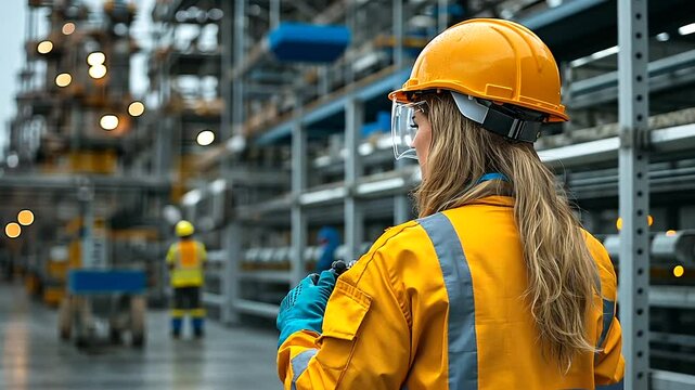 Worker in safety gear observes industrial facility operations during the day