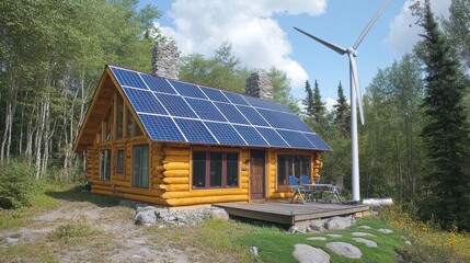 Eco-friendly cabin with solar panels and wind turbine forest clearing nature photography sustainable living daytime renewable energy