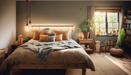 Obraz premium A warm and inviting bedroom filled with books, plants, and soft textiles, perfect for studying.