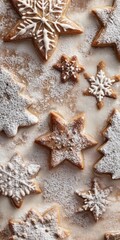 Delicious gingerbread cookies in festive shapes, dusted with powdered sugar, perfect for holiday celebrations and winter themes.