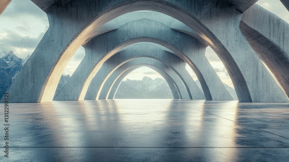 Poster in a mesmerizing setting of sleek concrete arches, light filters through a vast space that opens to 