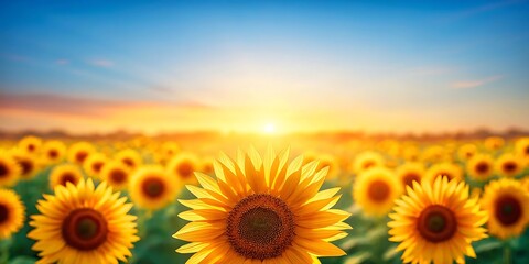 Obraz premium Sunflowers at sunset, summer field landscape