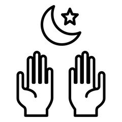 Minimalist outline icon of hands raised in prayer with a crescent moon and star, symbolizing Islamic prayer (Dua), spirituality, and faith. Associated with Ramadan, Eid, supplication, and worship