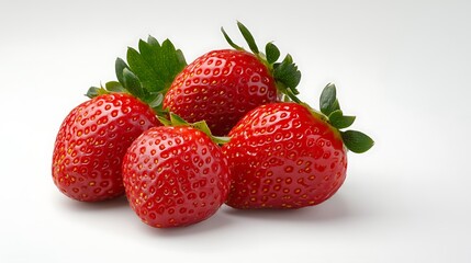 Four strawberries with leaves on white background for health ads or recipes