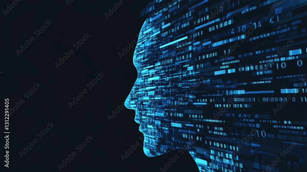 Poster abstract portrait with digital code flow on dark background