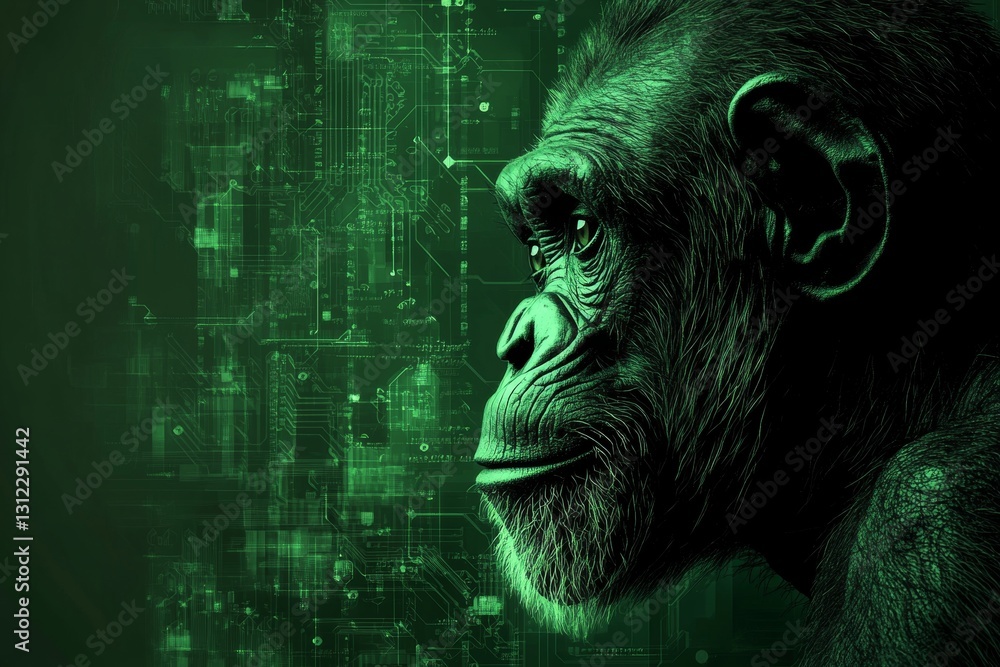 Aufkleber profile of a gorilla in digital data interface representing evolution and technology