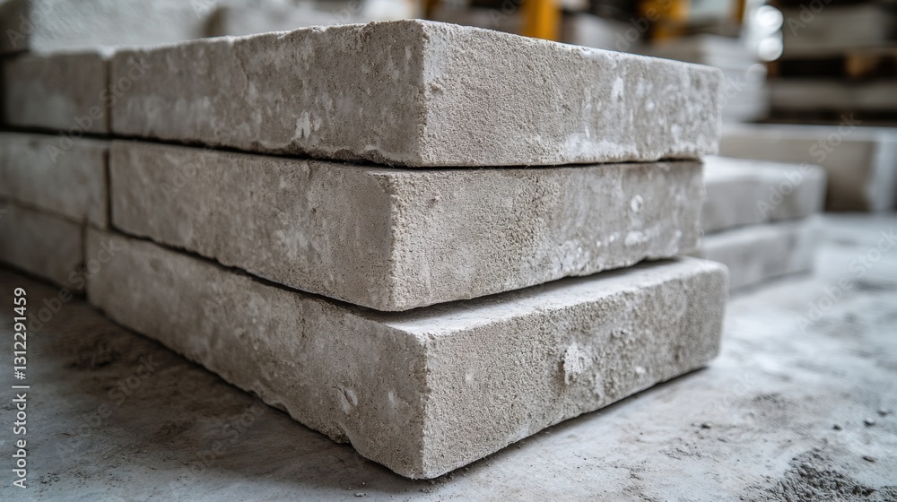 Aufkleber stacked concrete blocks in a construction site with tools and machinery in the background