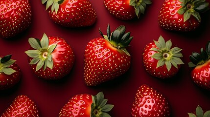 Fresh ripe strawberries scattered on red surface. Food background pattern for ads, packaging, culinary projects © Biggy
